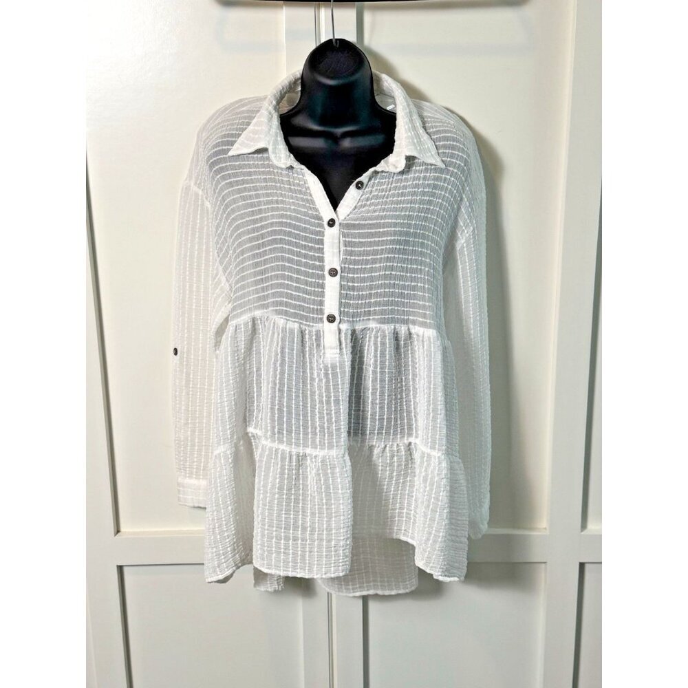 Miou‎ Muse Sheer Tiered Button Up Texture Striped Shirt Womens XL